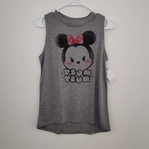 Women's Juniors Tsum Tsum Minnie Distressed Muscle Gray Tee Shirt‎